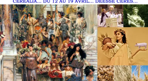 Exposé sur Déméter, déesse des moissons, avec des scènes de fête, des statues et des épis de blé.