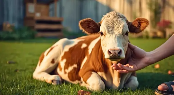 Une vache miniature d'élevage, au pelage brun et blanc, se repose sur l'herbe. Une main caresse doucement sa tête.