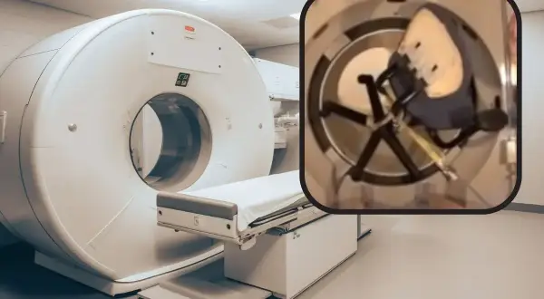 Tomografia komputerowa wykrywa metal w ciele. Wewnątrz aparatu widać specjalne mocowanie, które może być używane do badania pacjentów z implantami.