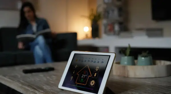 Tablette affichant l'interface d'un thermostat connecté pour chaudière gaz. Une femme lit sur un canapé en arrière-plan.