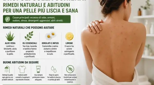 Schiena con brufoli, cause comuni come sebo e ormoni. Rimedi naturali e buone abitudini per una pelle più liscia.