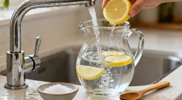 Une main ajoute une tranche de citron dans une carafe d'eau, une astuce pour comment adoucir l'eau. Sel et cuillère en bois à proximité.