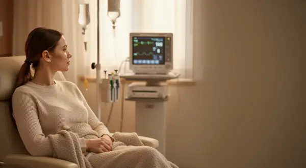 Kobieta w fotelu czeka na zakończenie terapii. Zastanawia się, ile trwa chemioterapia, podczas gdy kroplówka powoli się wchłania.