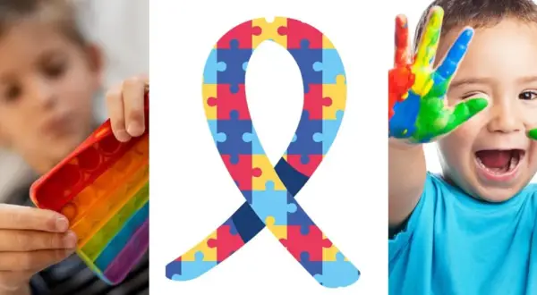 Dziecko bawi się kolorową zabawką, symbol wstążki z puzzli i radosny maluch z pomalowanymi dłońmi. Obrazek symbolizuje choroba spektrum.