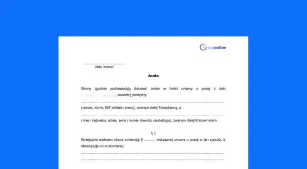 Dokument "Aneks" do umowy o pracę, zawierający dane stron i postanowienia zmian.