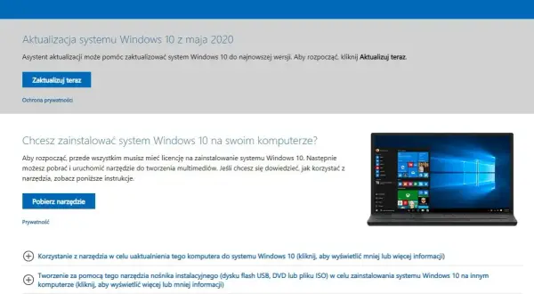 Strona pobierania Windows 10. Możliwość aktualizacji lub instalacji systemu. Przywracanie systemu Windows 10.