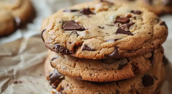 En stapel chokladchips-cookies, perfekta för ett enkelt cookies recept.