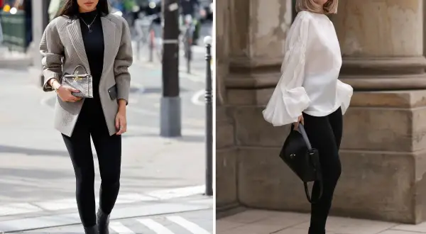 Dwie kobiety prezentują stylowe zestawy z legginsami. Jedna w marynarce i botkach, druga w bluzce z bufiastymi rękawami i balerinkach. Idealne inspiracje, jakie buty do legginsów wybrać!