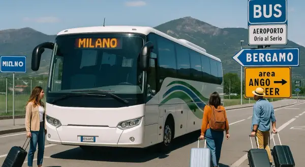 Autobus do Mediolanu i drogowskaz na Bergamo. Dwie osoby z walizkami czekają na transport.