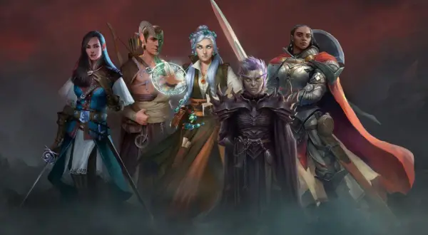 Pięć postaci fantasy: elfka, łucznik, czarodziejka, demon i rycerka, na tle gór i czerwonego nieba.