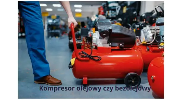 Czerwony kompresor olejowy czy bezolejowy? Mężczyzna w niebieskich spodniach przygotowuje się do pracy z urządzeniem.