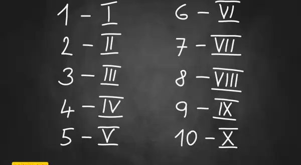 Lekcja matematyki: liczby rzymskie od 1 do 10 zapisane kredą na tablicy.