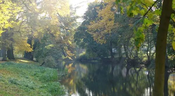 Jesienne słońce rozświetla miasto nad Iną. Drzewa w złotych barwach odbijają się w spokojnej wodzie.