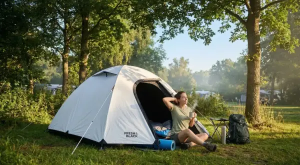 Une femme savoure un café matinal près de sa tente, profitant du calme pour bien dormir en tente. Un sac à dos et un thermos sont à proximité.