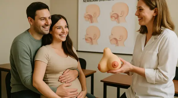 Szczęśliwi przyszli rodzice na wizycie w poradni laktacyjnej Żelazna. Konsultantka pokazuje model piersi.