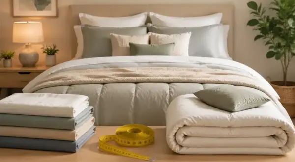 Neatly folded sheets in various colors are displayed next to a measuring tape, hinting at the twin sheet size. A made bed with a light green comforter and decorative pillows is in the background.