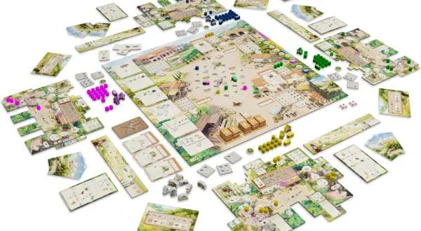 Brettspiel "La Granja Deluxe" mit vielen Komponenten: Spielbrett, Karten, Holzfiguren und mehr.