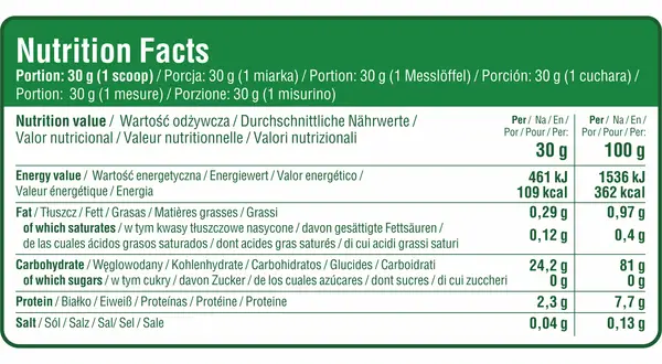 Tabela wartości odżywczych kleiku ryżowego: 100g zawiera 362 kcal. Porcja 30g to 109 kcal.