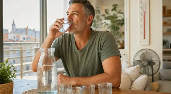 Face à la canicule, cet homme boit de l'eau pour se rafraîchir. Une carafe et des verres sont sur la table.