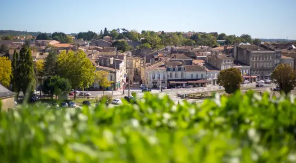 Paesaggio urbano con tetti in tegole e alberi verdi, in una regione vinicola a nord di Bordeaux.