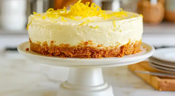 En krämig citron cheesecake med krispig botten, toppad med rivet citronskal. Perfekt för en somrig fika.