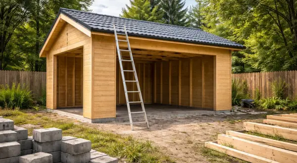 Nowy garaż modułowy drewniany czeka na wykończenie. Drabina oparta o ścianę sugeruje prace budowlane.