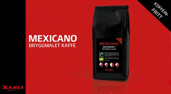 Svart påse med "MEXICANO KOFFEINFRITT BRYGGMALET KAFFE". Texten "KOFFEIN-FRITT" syns tydligt. Frågan om hur mycket koffein i koffeinfritt kaffe besvaras av att detta kaffe är koffeinfritt.
