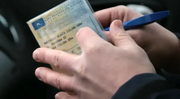 Ręce trzymają dowód rejestracyjny pojazdu z Zielonej Góry, gotowe do kontroli lub wypełnienia.