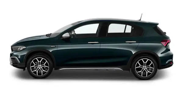 Mörkgrön Fiat Egea Cross med snygga fälgar, redo för äventyr.