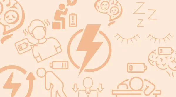 Ilustracja przedstawia różne obszary życia, gdzie ludzie są wyczerpani, z niskim poziomem baterii, symbolizującym brak energii.