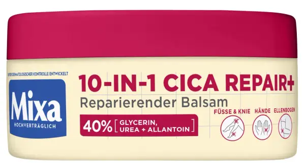 Mixa 10-IN-1 CICA REPAIR+ balsam z 40% gliceryny, mocznika i alantoiny. Idealny do pielęgnacji stóp, kolan, dłoni i łokci.