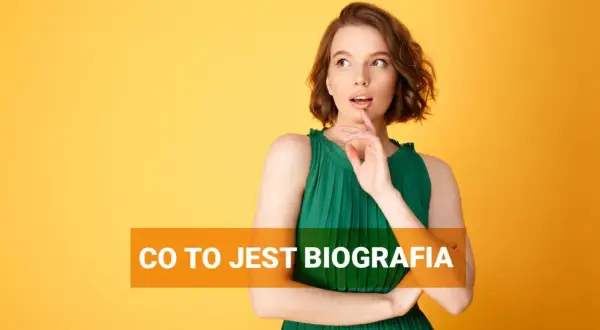 Młoda kobieta zamyślona nad tym, co to biografia. Tekst na pomarańczowym tle.