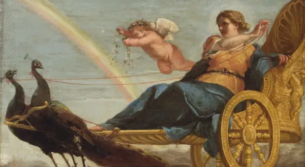 Hera gudinna i sin gyllene vagn dragen av påfåglar, med en putto som kastar blommor.