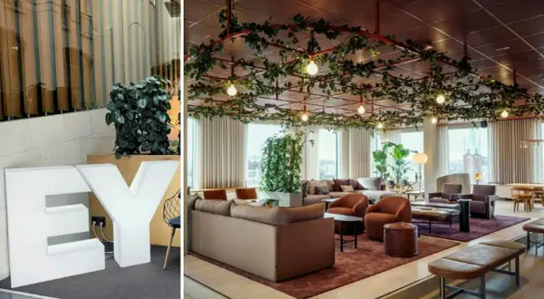 Stora vita bokstäver "EY" och en modern lounge med växter i taket, perfekt för att jobba hybrid.