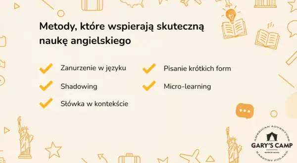 Skuteczne metody, jak nauczyć się angielskiego: zanurzenie, shadowing, pisanie, micro-learning.