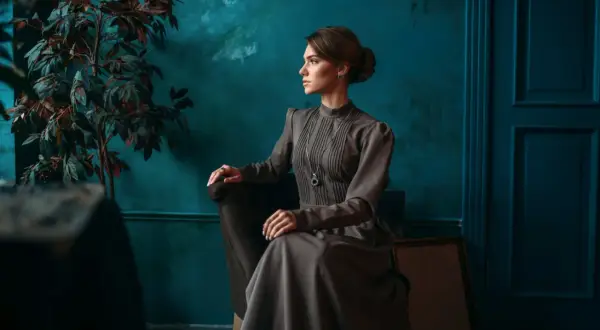 Elegancka kobieta w sukni w stylu dark academia siedzi w fotelu obok rośliny.