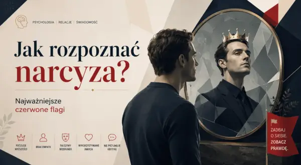 Mężczyzna w lustrze widzi siebie w koronie, symbolizując obrażonego narcyza. Obok tekst o rozpoznawaniu narcyzów.