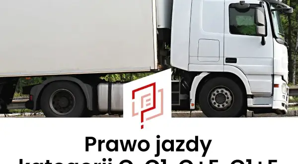 Biała ciężarówka z naczepą. Logo i tekst: Prawo jazdy kategorii C, C1, C+E, C1+E.