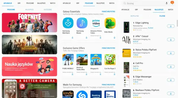 Ekran sklepu z aplikacjami z grami Fortnite i PUBG, aplikacjami do nauki języków i aparatu.