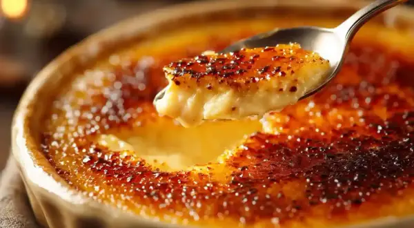 Une cuillère prélève une bouchée d'une crème brûlée dorée, sa croûte caramélisée craquant sous la pression.