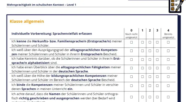 Checkliste zur Erfassung der Sprachenvielfalt im Unterricht. Hilft bei der individuellen Vorbereitung und der schreibkonferenz.