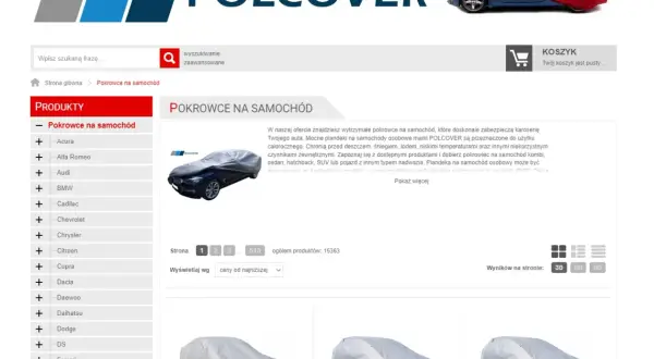 Emblemat POLCOVER na stronie z pokrowcami na samochody. Znajdziesz tu plandeki na auta różnych marek.