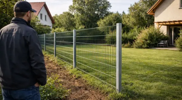 Mann inspiziert einen frisch installierten Metallzaun. Ein Projekt, um den eigenen zaun selber bauen, ist hier gut sichtbar.