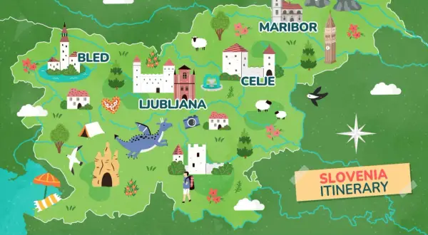 Entdecke Slowenien: Eine Karte mit Highlights wie Bled, Ljubljana, Maribor und Celje. Ein Drache wacht über die Reiseziele – ein echtes Slowenien Must-See!