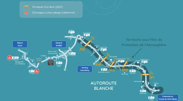 Carte de l'autoroute Blanche en France, montrant les péages traditionnels et les portiques de péage en flux libre prévus pour 2027.