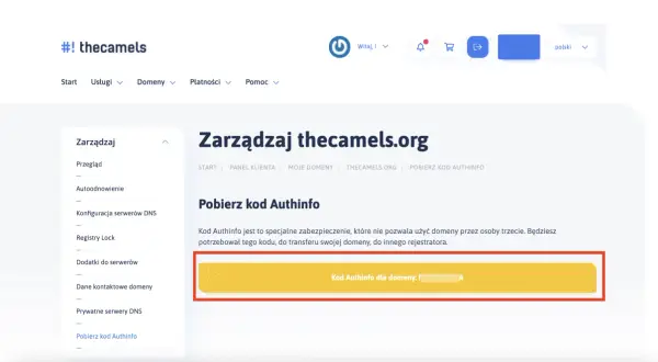 Pobieranie kodu Authinfo dla domeny thecamels.org. Ten kod jest niezbędny do transferu domeny.