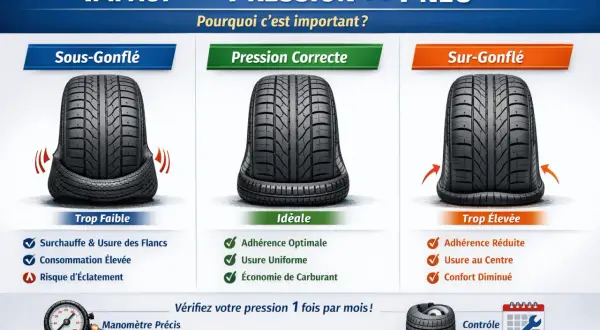 Comparaison de la pression pneu : sous-gonflé, correcte et sur-gonflé. Une pression adéquate assure adhérence, usure uniforme et économie de carburant. Vérifiez votre pression !