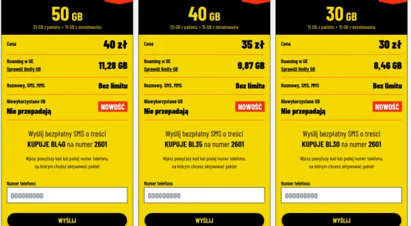 Trzy pakiety internetowe: 50 GB za 40 zł, 40 GB za 35 zł i 30 GB za 30 zł. Każdy play pakiet s oferuje nielimitowane rozmowy, SMS, MMS i niewykorzystane GB nie przepadają.