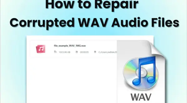 Learn how to play WAV files by repairing corrupted audio. This image shows a WAV file in a file explorer and a WAV icon.