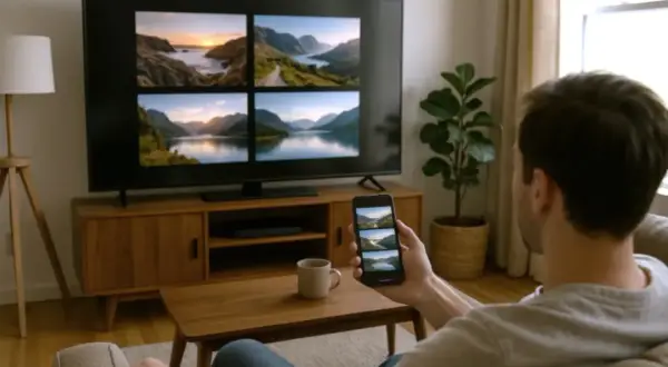 Mężczyzna trzyma smartfon, na którym widać cztery obrazy krajobrazów, podobne do tych wyświetlanych na telewizorze LG. To może być pomocne, gdy zastanawiasz się, jak ściągnąć aplikacje na telewizor LG.
